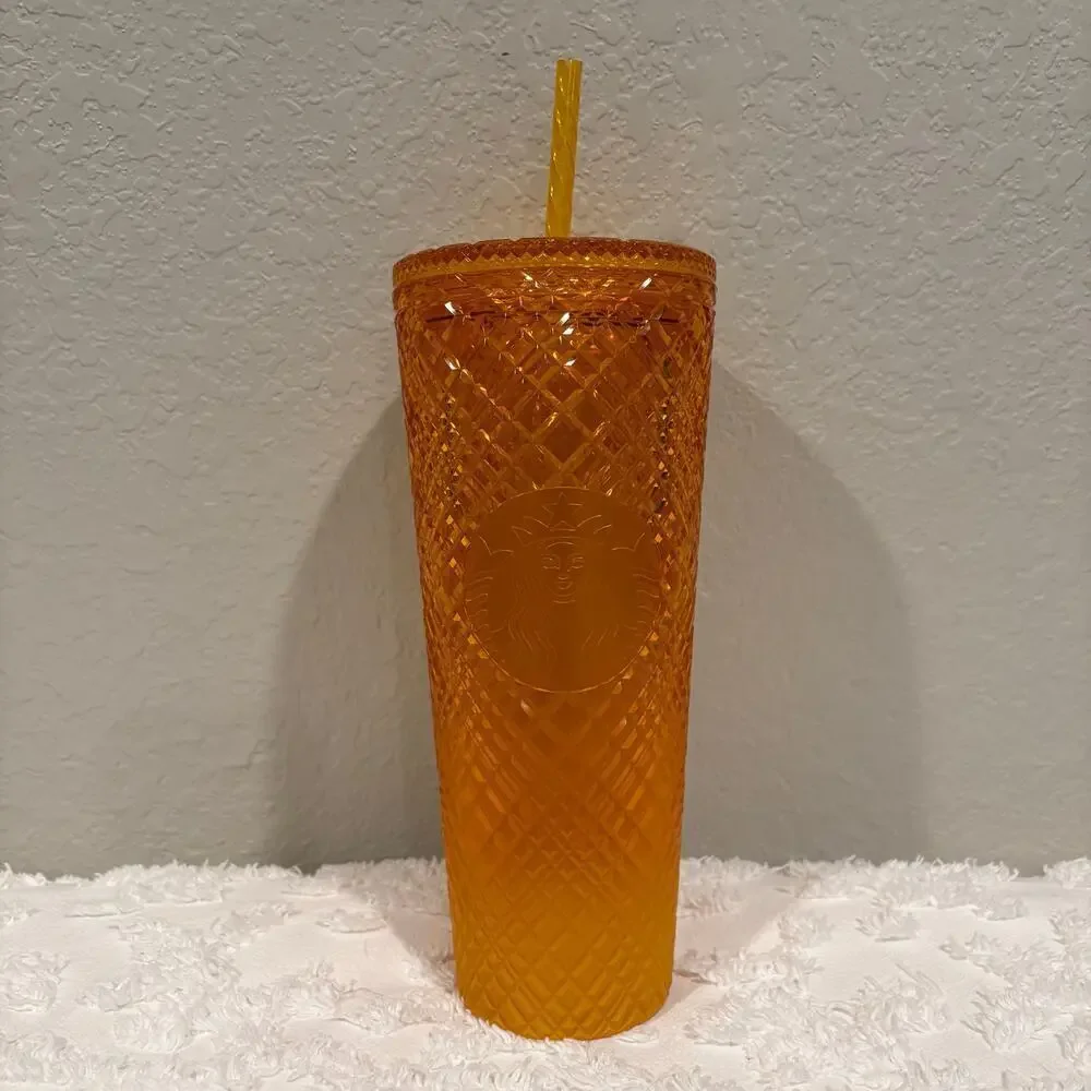 STARBUCKS Siren Logo Tumbler Orange Diamond Grid Venti 24OZ/710ML Collectible